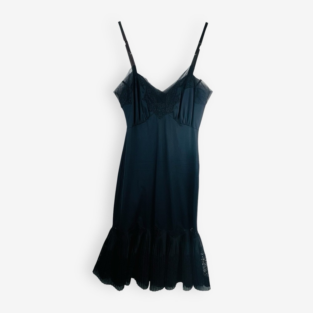 Vintage Van Raalte‎ Black Full Slip Dress Nylon Pleated Lace Opaquelon 32 Small